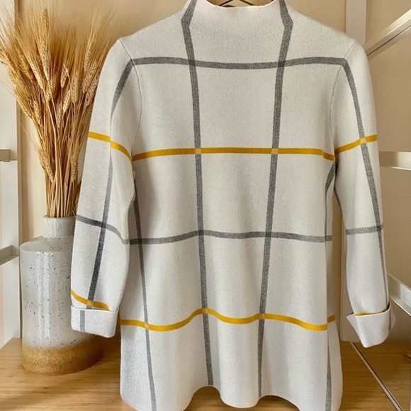 Tahari Sweaters - Tahari White Mock Neck Sweater with Gray and Golden Yellow Stripe Design
